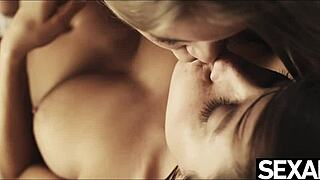 two hot lesbians with big natural tits lick each other to orgasms