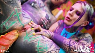 two tattoo lesbians anal play with big toys causing real gapes and orgasms