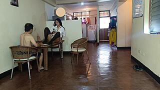 College student returns home to family interaction with stepfather