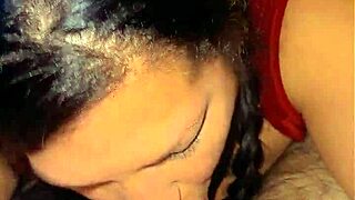 Homemade quick session with curvy brunette MILF performing sloppy blowjob.