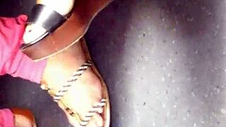 mature feet in candid wedges sandals