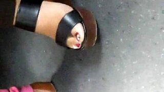 mature feet in candid wedges sandals