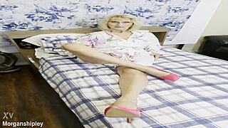 Pretty blonde in pink solo session with natural tits and naked body in amateur setting