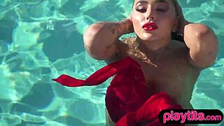 Stunning beauty strips naked in pool