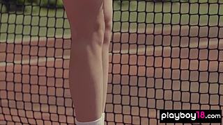 lovely ukrainian tennis player kate chromia strips clothes ripped outdoor, revealing natural tits and pussy naked.