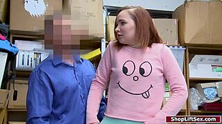 Teen shoplifter in lingerie sucks officer's cock in doggystyle at the office.