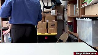 Teen shoplifter in lingerie sucks officer's cock in doggystyle at the office.