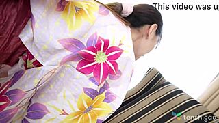 Japanese brunette Aki Igarashi in kimono has passionate sex with her ex, enjoying his cock in her hairy beaver