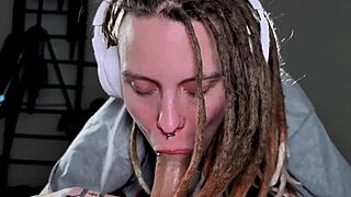 Does headphones stop her from sucking dick?