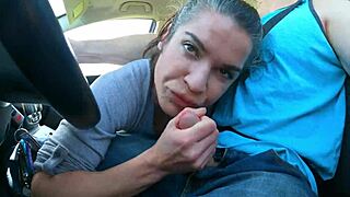 Lucky uber driver meets cute housewife who gags on huge cock and swallows facial