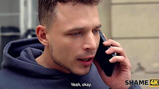 blonde mature with huge fake tits dominates and fucks pavlos in stockings.