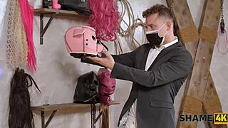 blonde mature with huge fake tits dominates and fucks pavlos in stockings.