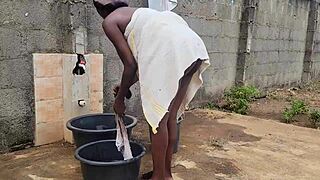 Sex Addicted Housewife Nasty Bitch Fucks Husband's Brother Outside Behind Window