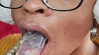 Latina slut swallows dildo in exhibitionist show