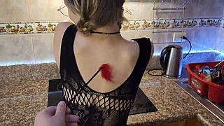 Hot fuck in the kitchen horny girl deepthroats big dick then takes it in her hole