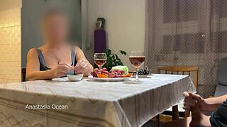 My husband jerking hidden front of my step mom under a table