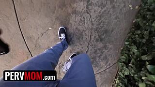 Big Titted Stepmom Sophia West Rubs Pussy While Stroking Stepson's Cock