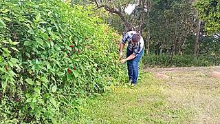 Gardener strokes massive cock to cum on farm
