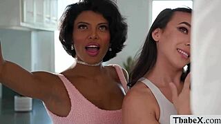 lucky cleaner enjoys bareback with two shemales