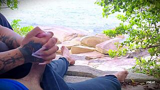 Horny amateurs masturbate to surprise cum on beach