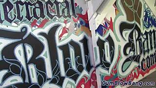 Busty babe sucks monster cocks in blowbang before bukkake facial