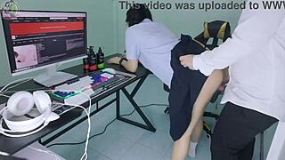 Thai student girl gets caught by senior fucking in front of computer