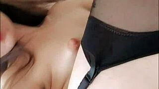 Russian student fingers her pussy and anus in black stockings