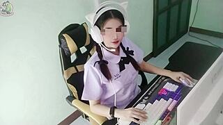 Thai student girl gets caught by senior fucking in front of computer