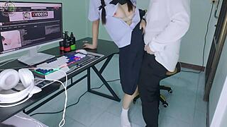 Thai student girl gets caught by senior fucking in front of computer