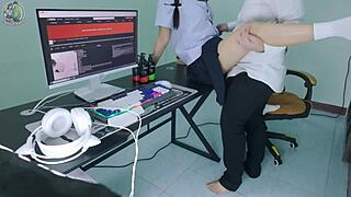 Thai student girl gets caught by senior fucking in front of computer