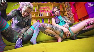 2 tattoo lesbians anal play with big toys in assholes