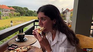 Girl walks into cafe with cum on face, eats pizza, and swallows more