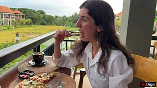 Girl walks into cafe with cum on face, eats pizza, and swallows more