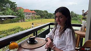 Girl walks into cafe with cum on face, eats pizza, and swallows more