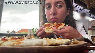 Girl walks into cafe with cum on face, eats pizza, and swallows more