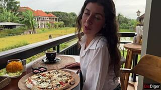 Girl walks into cafe with cum on face, eats pizza, and swallows more