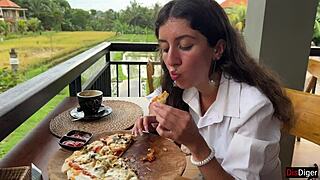 Girl walks into cafe with cum on face, eats pizza, and swallows more