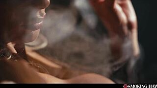 Hey, check out this horny milf with huge tits pleasuring herself and blowing while smoking a big cigar 😈