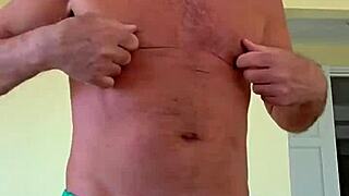 Fat daddie in soft cotton shorts feels boner pleasure and lets it fly in batespread