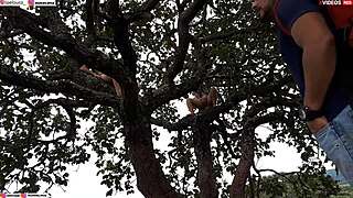 Ripping clothes off blonde and brunette for intense outdoor assfucking on tree in public.