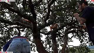 Ripping clothes off blonde and brunette for intense outdoor assfucking on tree in public.