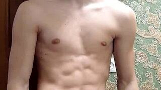 Skinny boy flexes in tight underwear