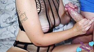 Horny mature milf massages stepson's big fat cock with coconut oil, showing big natural tits