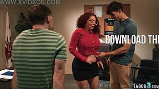 Red mature teacher double penetrated by students