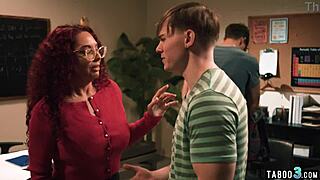 Red mature teacher double penetrated by students