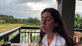 Eating pizza with cum on my face in a public cafe.