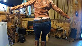 Beautiful Step-Mom And Housewife Dancing Seductively In Leather Boots.