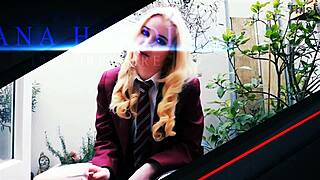 The teen college student strips in her uniform and cums hard at the party