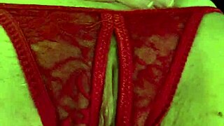 Shaved pussy in red thongs all wet from fingering