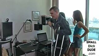 Femdom teen jerks and humiliates small penis in threesome